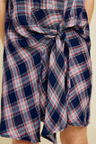G7117-NAVY MIX Mini Plaid Tie-Front Shirt Dress Front Detail