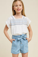 G7251-TANGERINE Belted High-Rise Paperbag Shorts Front