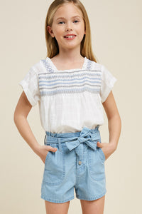 G7251-TANGERINE Belted High-Rise Paperbag Shorts Front