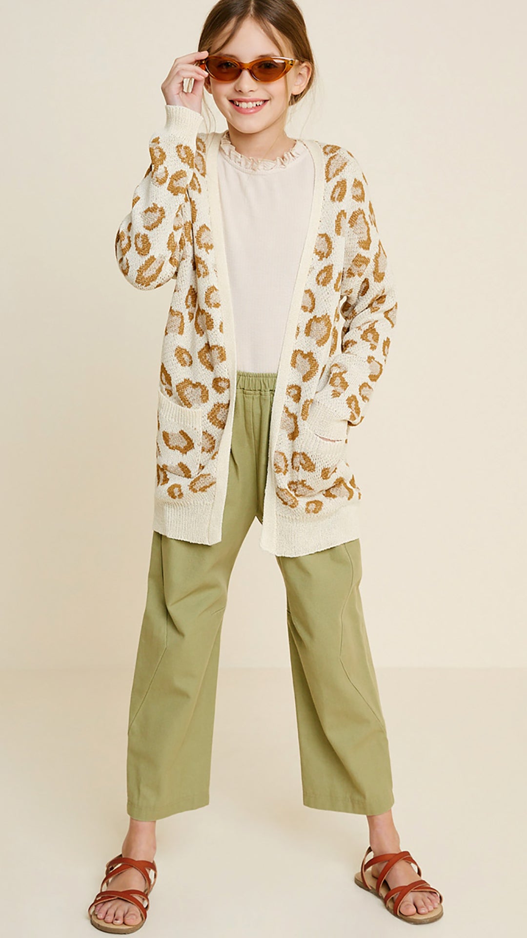 G7300-CREAM Leopard Knit Open Front Cardigan Alternate Angle