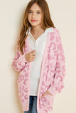 G7300-PINK Leopard Knit Open Front Cardigan Front