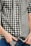 G7305-BLACK Gingham Button-Down Top Front
