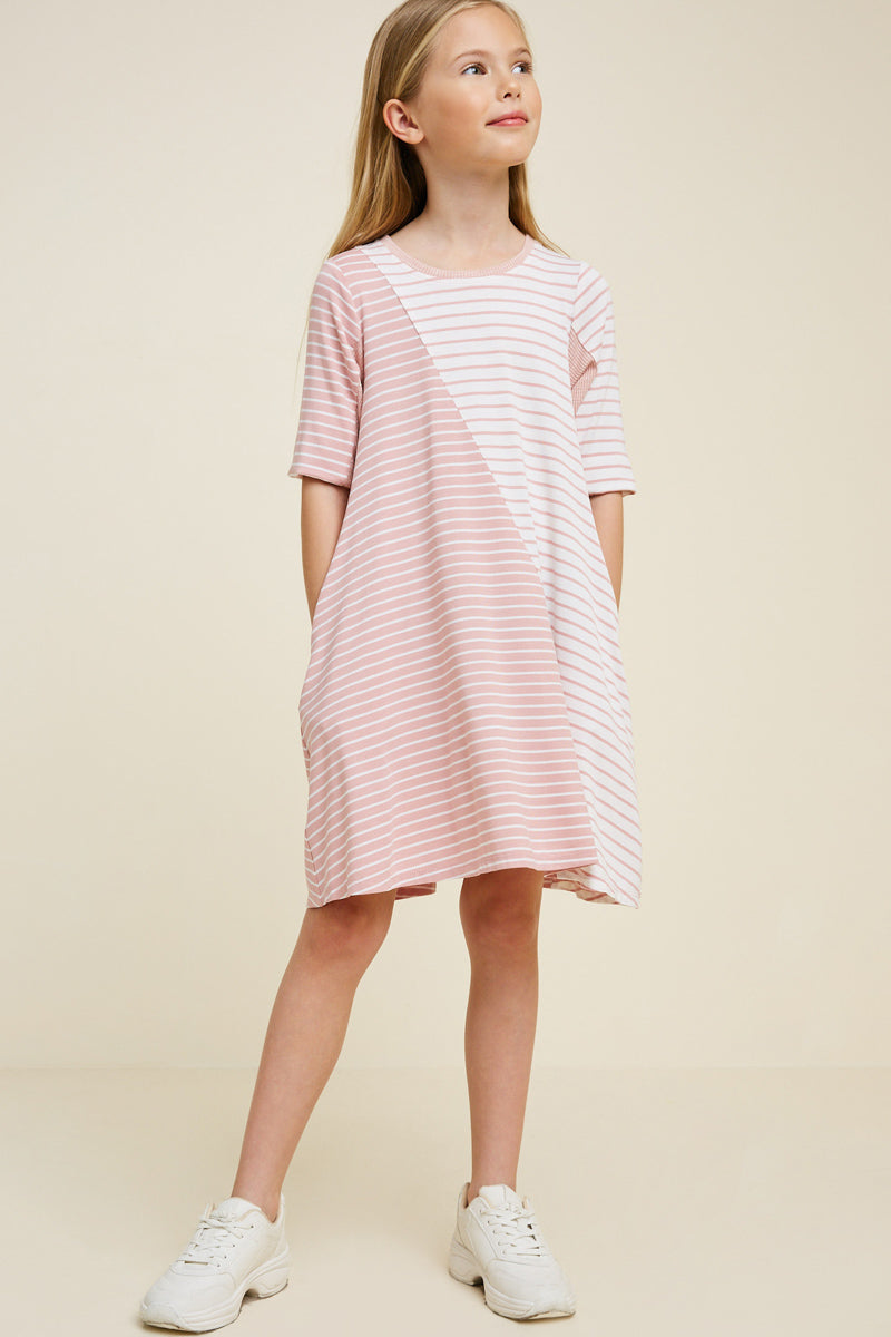G7333-PINK Contrast Striped Swing Mini Dress Alternate Angle