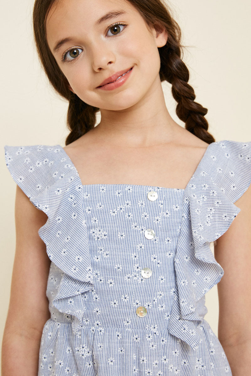 G7377-NAVY Embroidered Stripe Mini Floral Ruffle Dress Alternate Angle