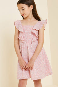 G7377-NAVY Embroidered Stripe Mini Floral Ruffle Dress Alternate Angle