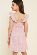 G7377-RED Embroidered Stripe Mini Floral Ruffle Dress Back