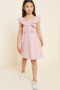 G7377-RED Embroidered Stripe Mini Floral Ruffle Dress Full