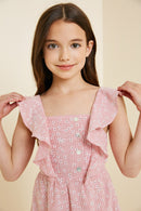 G7377-RED Embroidered Stripe Mini Floral Ruffle Dress Front Detail