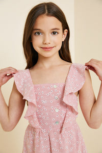 G7377-RED Embroidered Stripe Mini Floral Ruffle Dress Front Detail