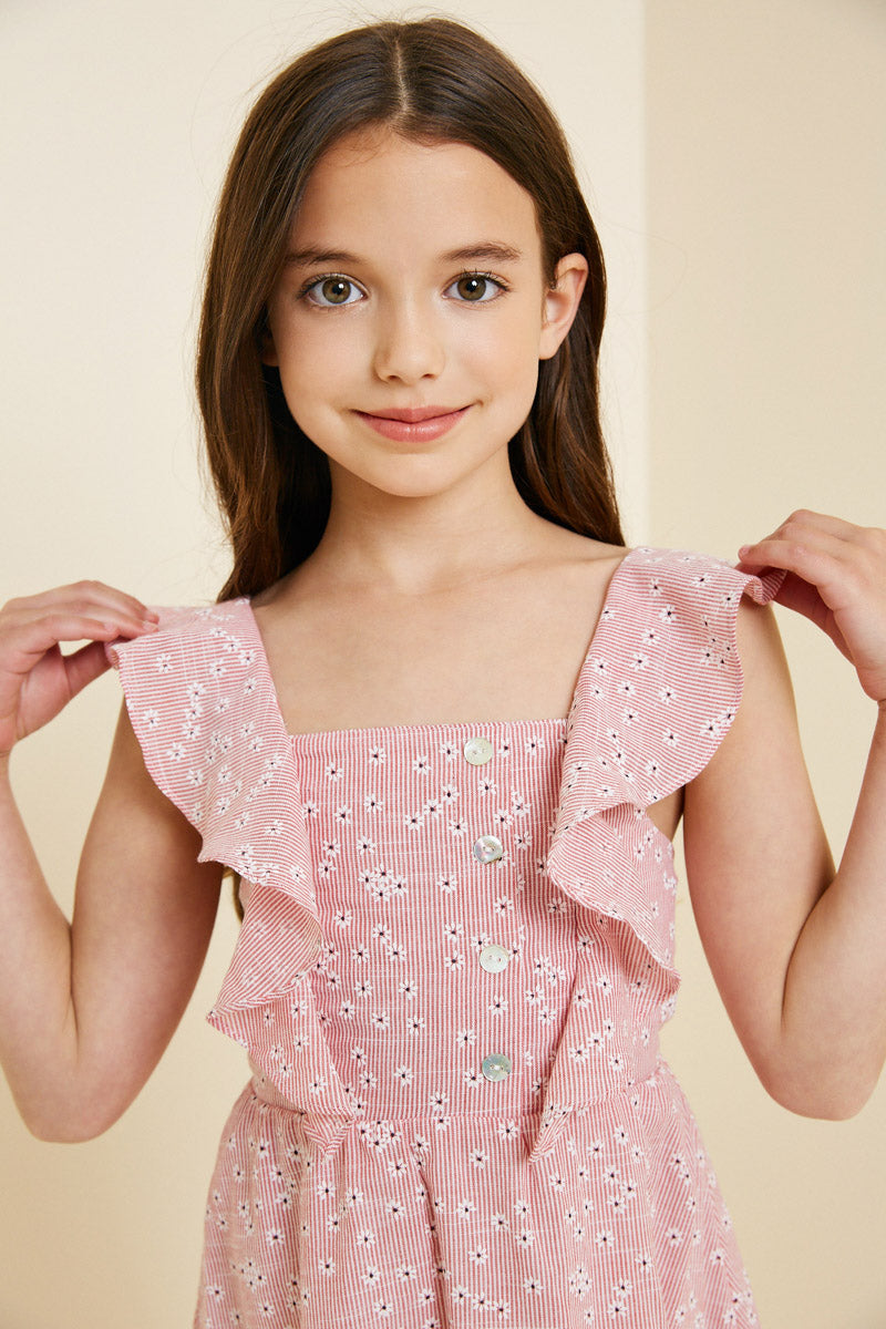 G7377-RED Embroidered Stripe Mini Floral Ruffle Dress Front Detail