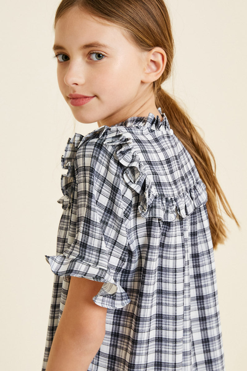 Plaid Ruffle Mock Neck Top