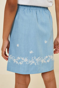 G7546 Off White Girls Floral Embroidered Chambray Skirt Side