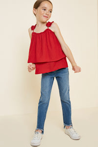 G7607-RED Tiered Pleated Strap Tank Top Full Body