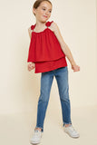 G7607-RED Tiered Pleated Strap Tank Top Full Body