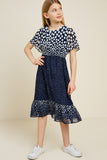 G7647-NAVY Polka-Dot Flutter Sleeve Midi Dress Front