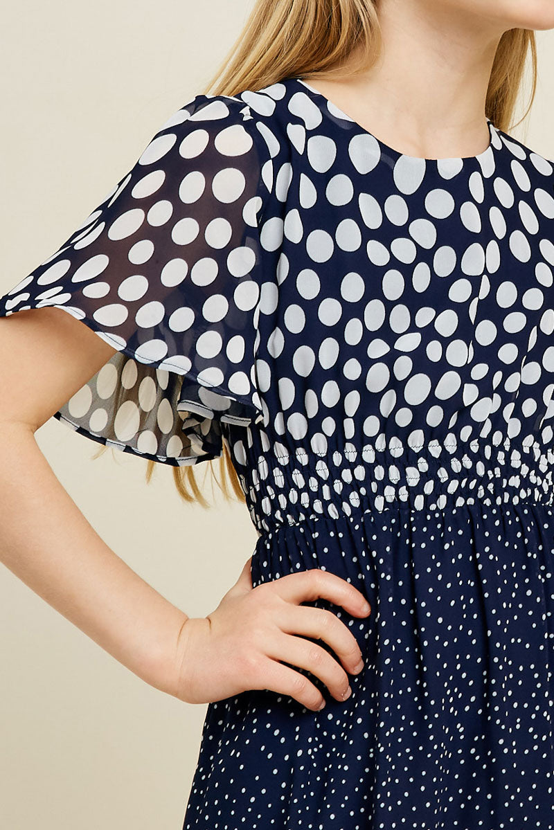 G7647-NAVY Polka-Dot Flutter Sleeve Midi Dress Front Detail