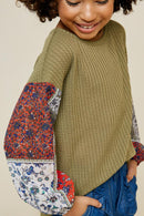 G7651-LT OLIVE Patchwork Sleeve Waffle Knit Long Sleeve Top Alternate Angle