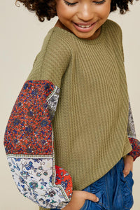 G7651-LT OLIVE Patchwork Sleeve Waffle Knit Long Sleeve Top Alternate Angle