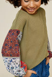 G7651-LT OLIVE Patchwork Sleeve Waffle Knit Long Sleeve Top Alternate Angle