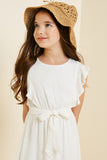 G7667-OFF WHITE Belted Ruffle Sleeve Maxi Dress Front