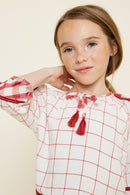 G7758-RED MIX Gingham Tassel-Tie Tunic Top Alternate Angle