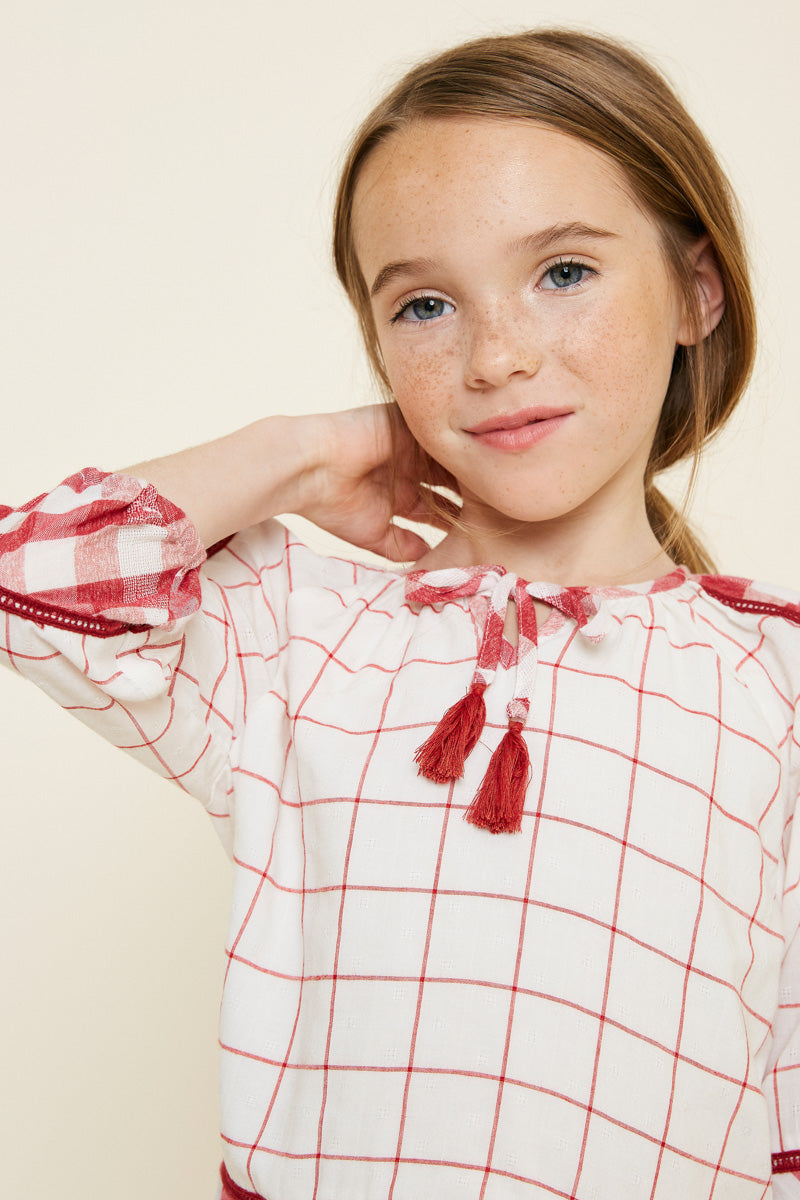 G7758-RED MIX Gingham Tassel-Tie Tunic Top Alternate Angle