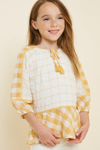 G7758-YELLOW MIX Gingham Tassel-Tie Tunic Top Front