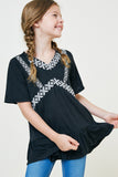 G7890-BLACK Embroidered Ruffle Hem Tunic Top Front