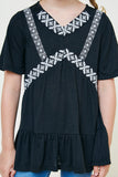 G7890-BLACK Embroidered Ruffle Hem Tunic Top Front Detail
