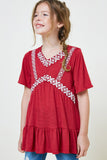 G7890-BURGUNDY Embroidered Ruffle Hem Tunic Top Front