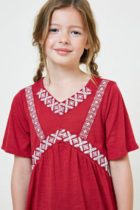 G7890-BURGUNDY Embroidered Ruffle Hem Tunic Top Front Detail