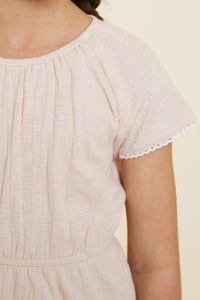 G7912-PINK Lace Trim Peplum Top Front Detail