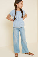 G7912-SKY Lace Trim Peplum Top Alternate Angle