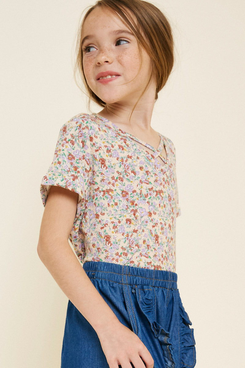 G7932-PEACH MIX Floral Criss-Cross T-Shirt Alternate Angle