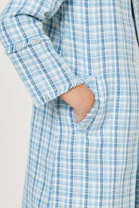 G7956-BLUE Tweed Duster Coat Front Detail