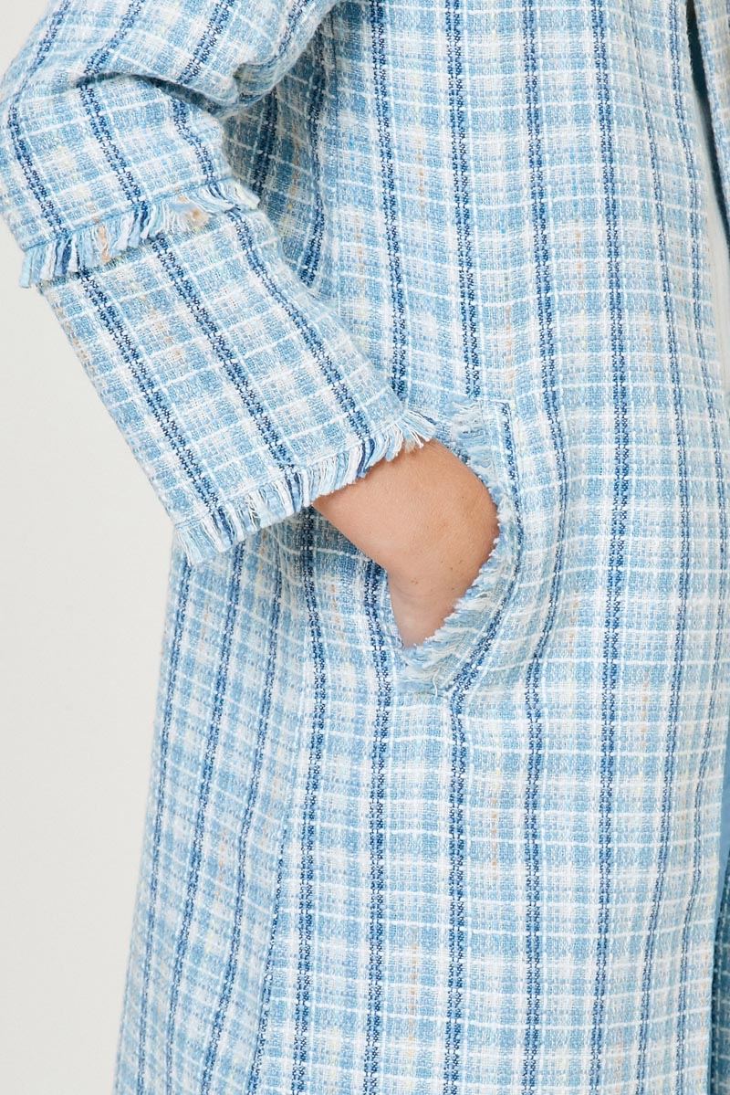 G7956-BLUE Tweed Duster Coat Front Detail