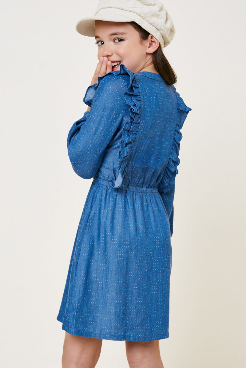 Denim Button-Down Ruffle Mini Dress