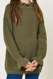 G7992-OLIVE High Neck Ruffle Sweater Front Detail
