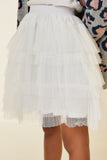 G8003-WHITE Tulle Lace Mini Skirt Front Detail