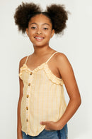 G8008 Yellow Plaid Ruffle Trim Cami Tank Top Front
