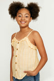 G8008 Yellow Plaid Ruffle Trim Cami Tank Top Front