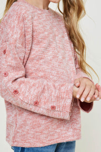 G8055-BRICK Button Sleeve Brushed Knit Sweater Side Detail