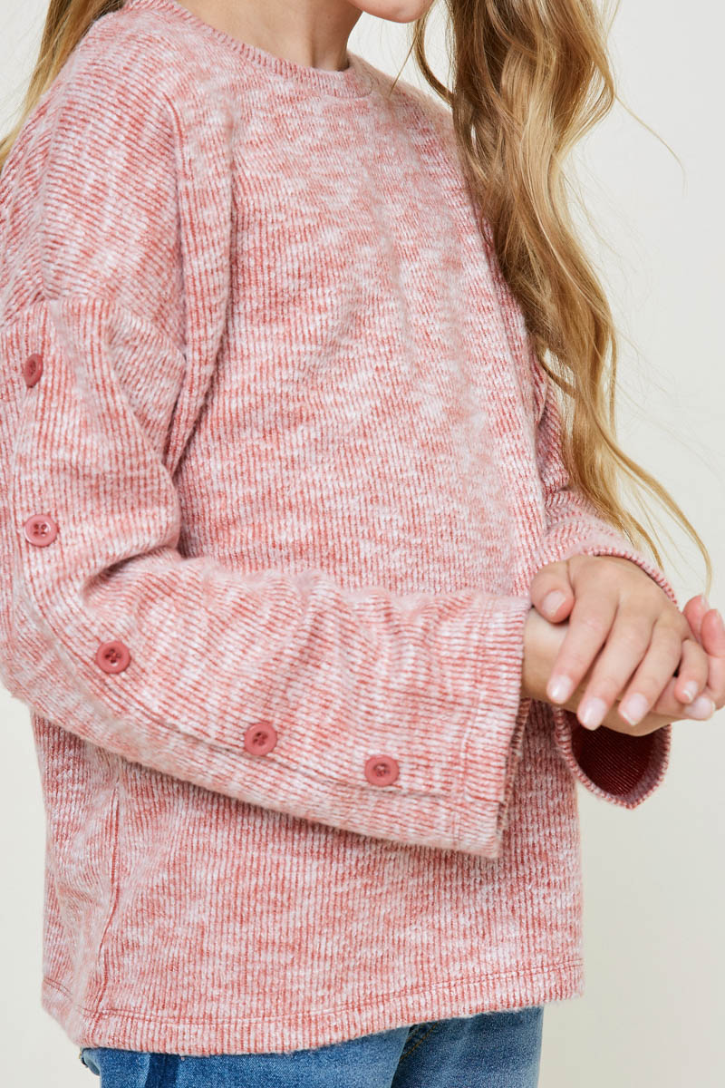 G8055-BRICK Button Sleeve Brushed Knit Sweater Side Detail
