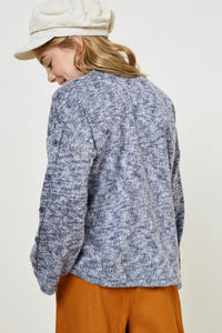 G8055-NAVY Button Sleeve Brushed Knit Sweater Back