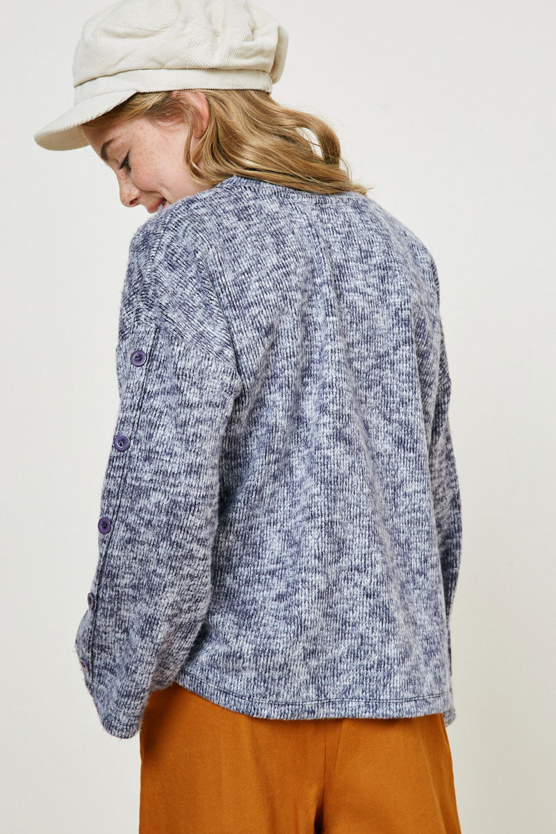 Button Sleeve Brushed Knit Sweater