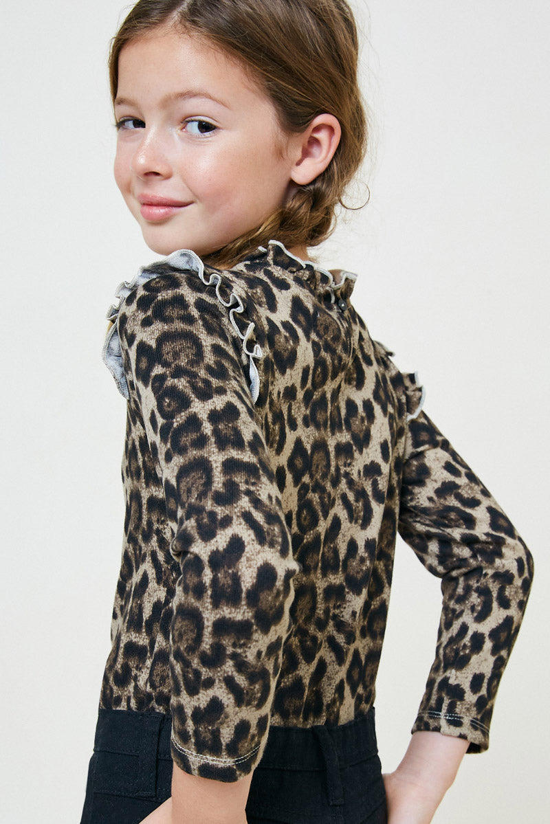 Leopard Ruffle Collar Long Sleeve Top