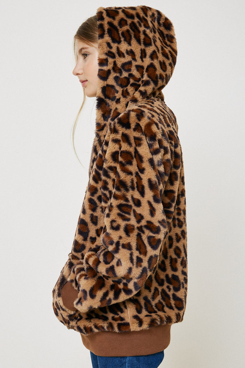 G8077 Leopard Girls Leopard Faux Fur Hoodie Side