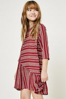 G8119-BURGUNDY Printed Ruffle Mini Swing Dress Side