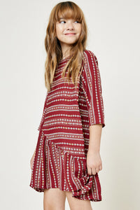 G8119-BURGUNDY Printed Ruffle Mini Swing Dress Side