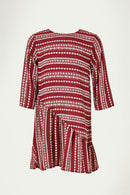 G8119-BURGUNDY Printed Ruffle Mini Swing Dress Back Front